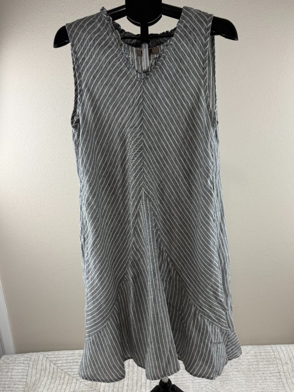 FLAX 100% Linen Gray White Striped Sleeveless Shift Dress Size M